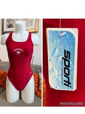❣️🆕Sporti Solid Red Wide Strap Swimsuit with Water Safety Embroidered on Front❣️